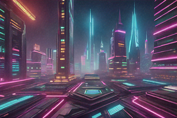 A vibrant futuristic cityscape with tall, sleek buildings illuminated by glowing neon lights and holographic displays..png